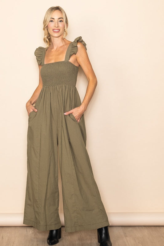 Olive Ruffle Strap Smocked Wide Leg Jumpsuit