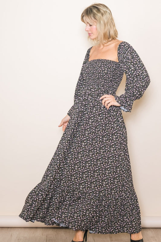 Black Floral Smocked Off Shoulder Maxi Dress