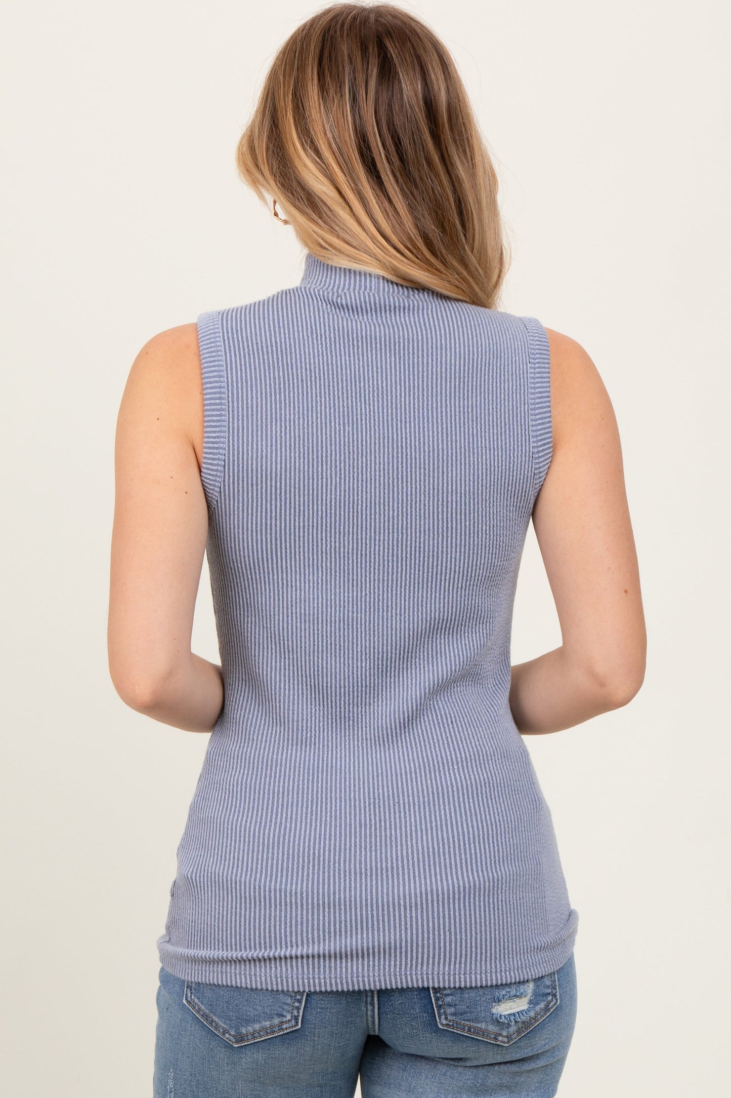 Charcoal Striped Ribbed Mock Neck Sleeveless Top