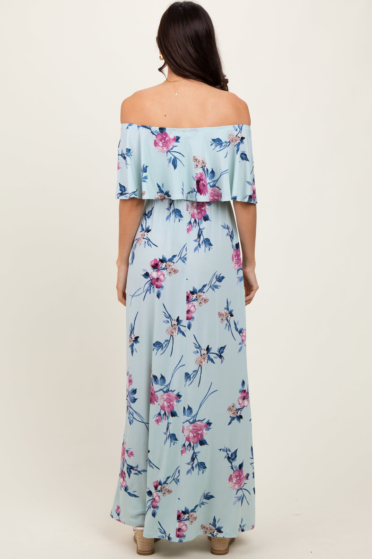 Mint Off Shoulder Floral Ruffle Maxi Dress