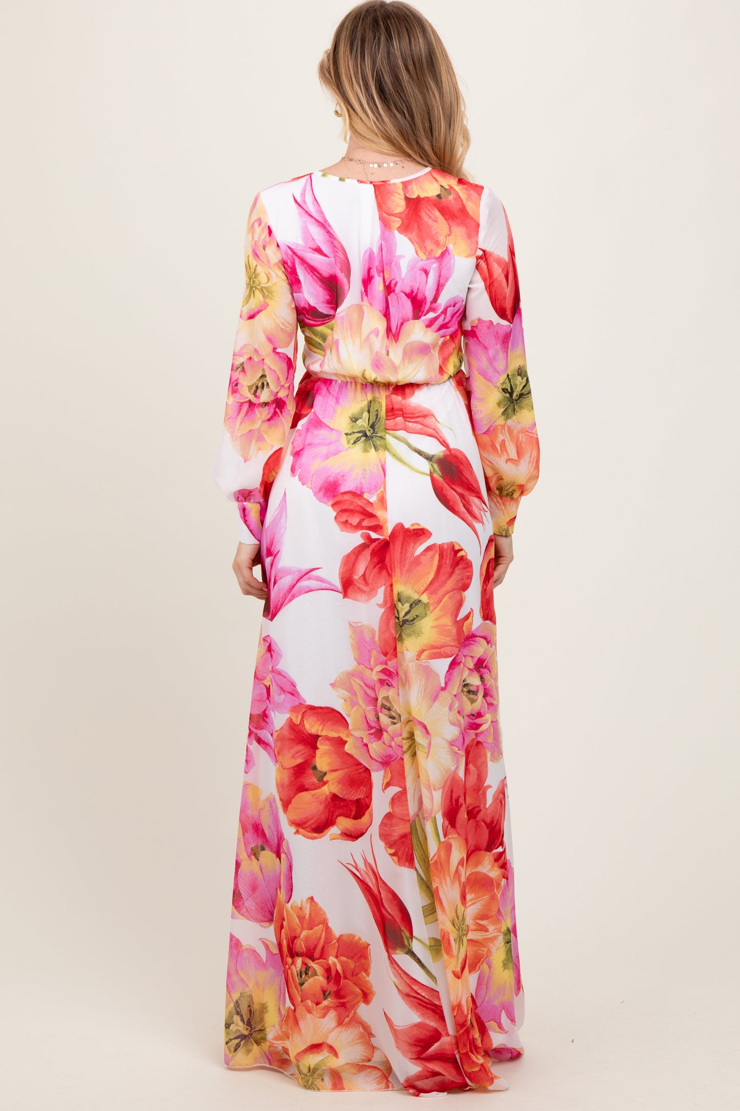 Red Floral Chiffon Long Sleeve Maxi Dress