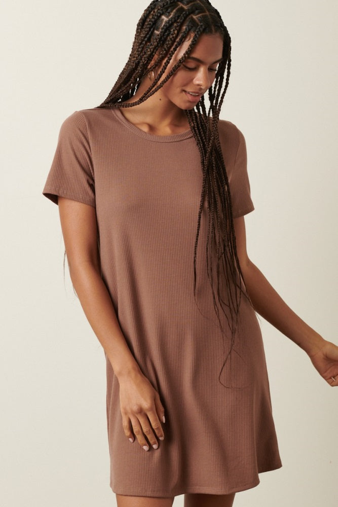 Brown Ribbed Knit Basic Short Sleeve T-Shirt Dress