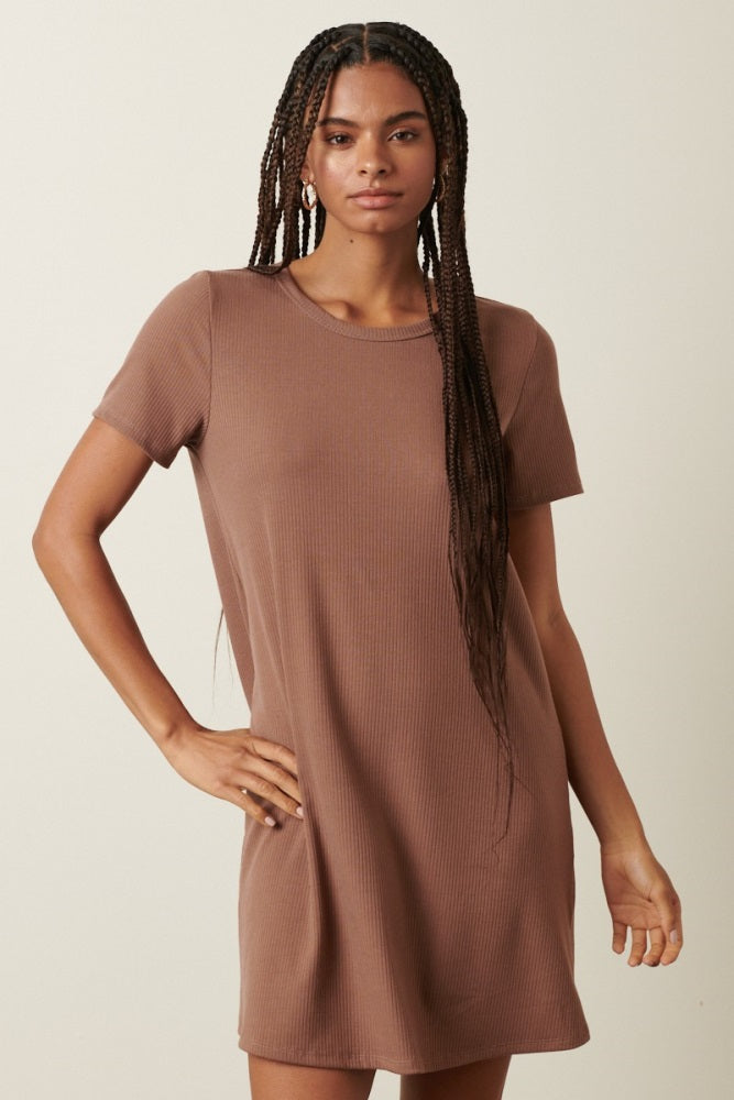 Brown Ribbed Knit Basic Short Sleeve T-Shirt Dress