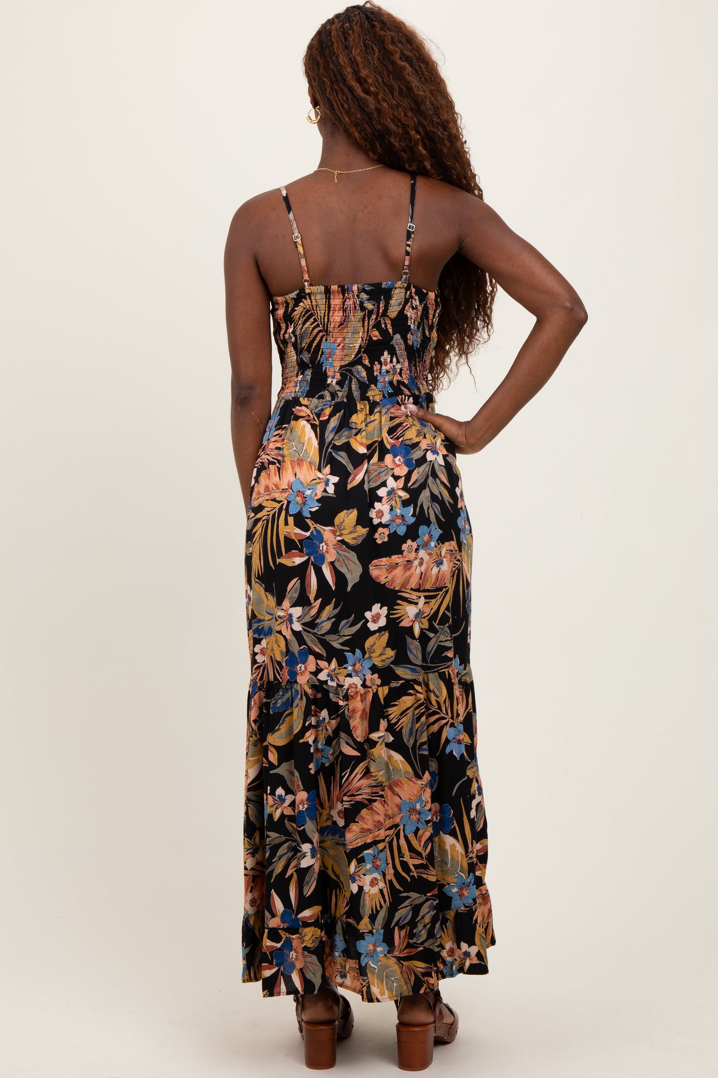 Black Tropical Print Twist Front Cutout Maxi Dress
