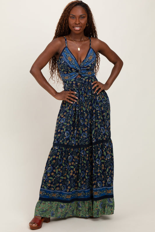 Navy Floral Twist Front Cutout Maxi Dress
