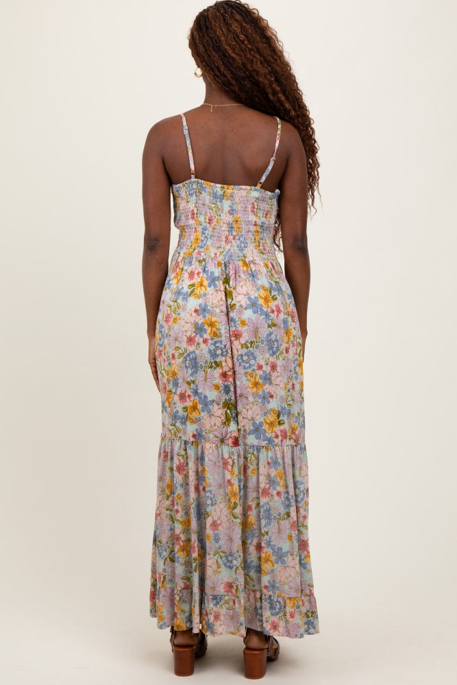 Mint Green Floral Twist Front Cutout Maxi Dress