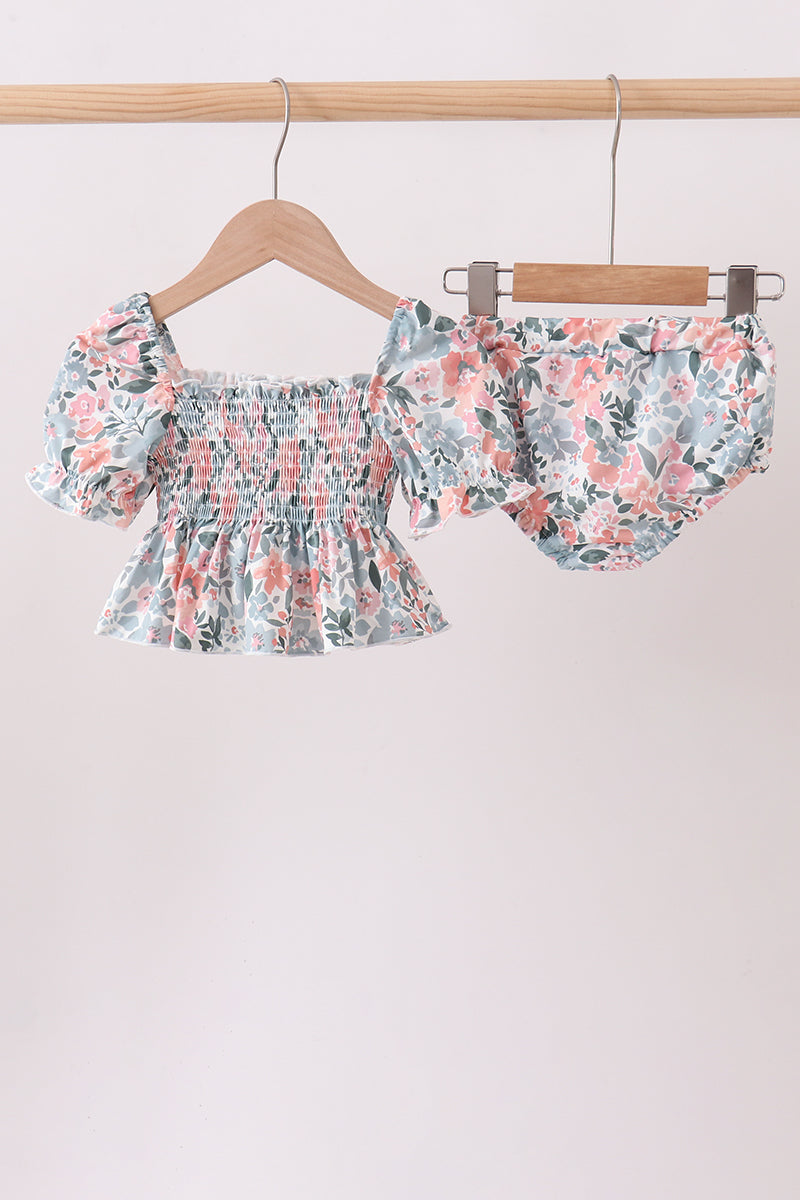 Pink Floral Smocked UPF Swim Set