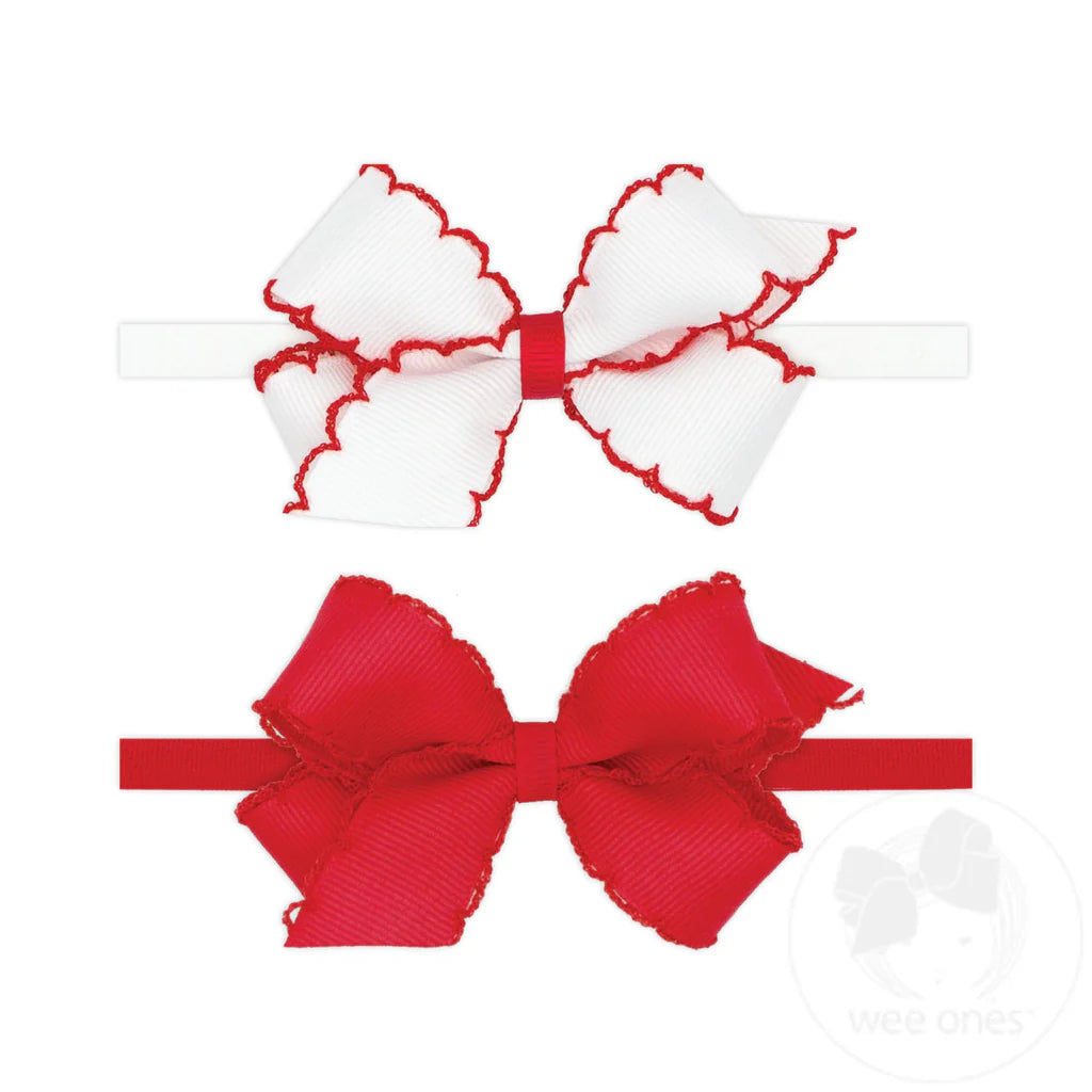GIFT PACK! Two Mini Grosgrain Bows with Moonstitch Edge on Skinny Nylon Band – Red Set
