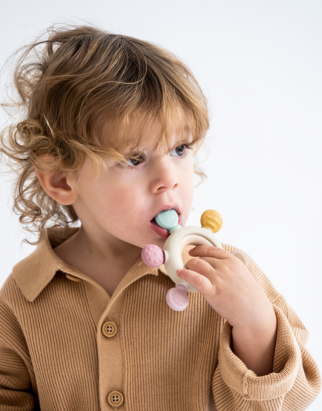 Wood and silicone sensory teether