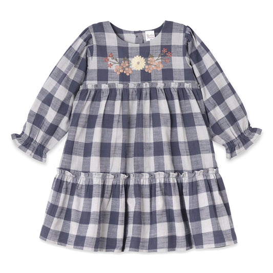 Buffalo Check Girls Cotton Dress with Floral Embroidery & Ruffles