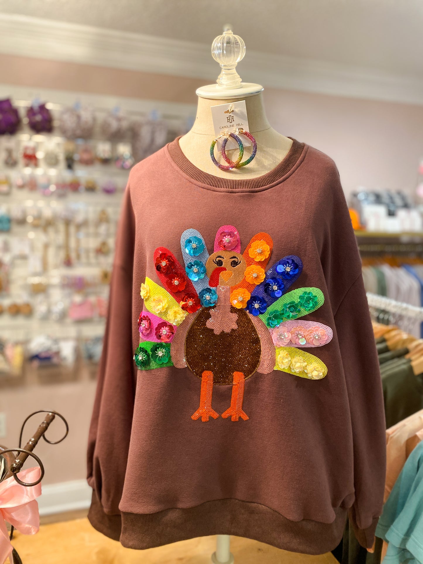 Queen of Sparkles Brown Rainbow Flower Turkey Sweatshirt - Adult