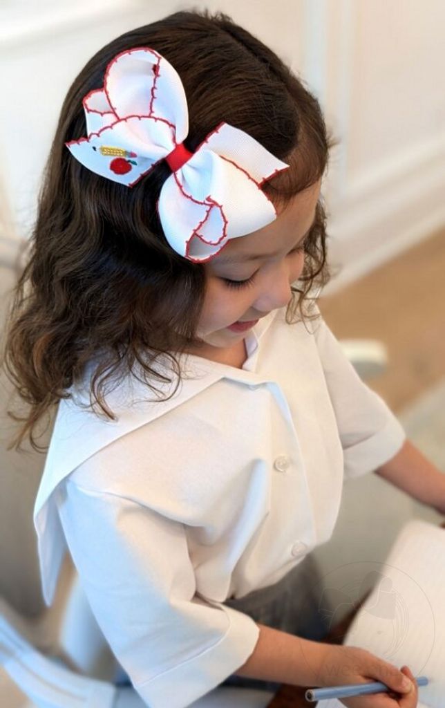 Pencil Embroidery Grosgrain Hair Bow with Red Moonstitch Edge