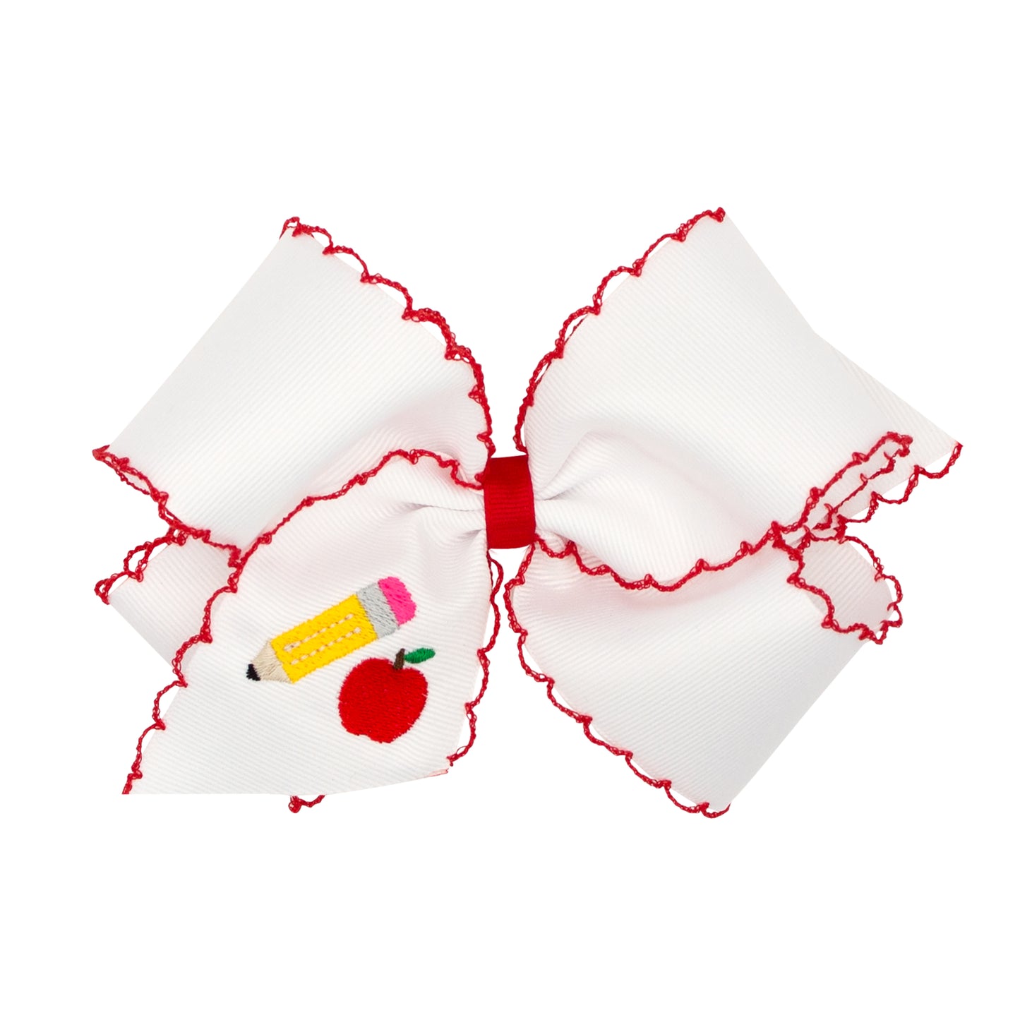 Pencil Embroidery Grosgrain Hair Bow with Red Moonstitch Edge