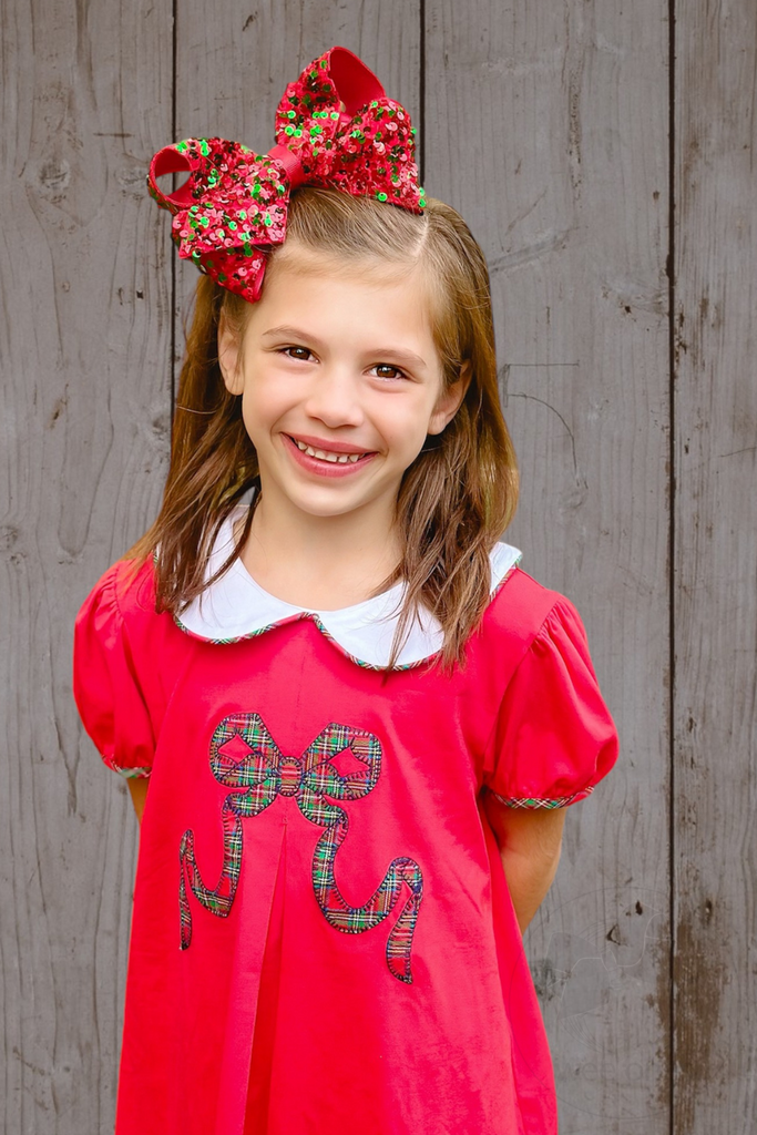 Red and Green Velvet Sequin and Grosgrain Overlay Hair Bow – Wee Ones™ Holiday Collection