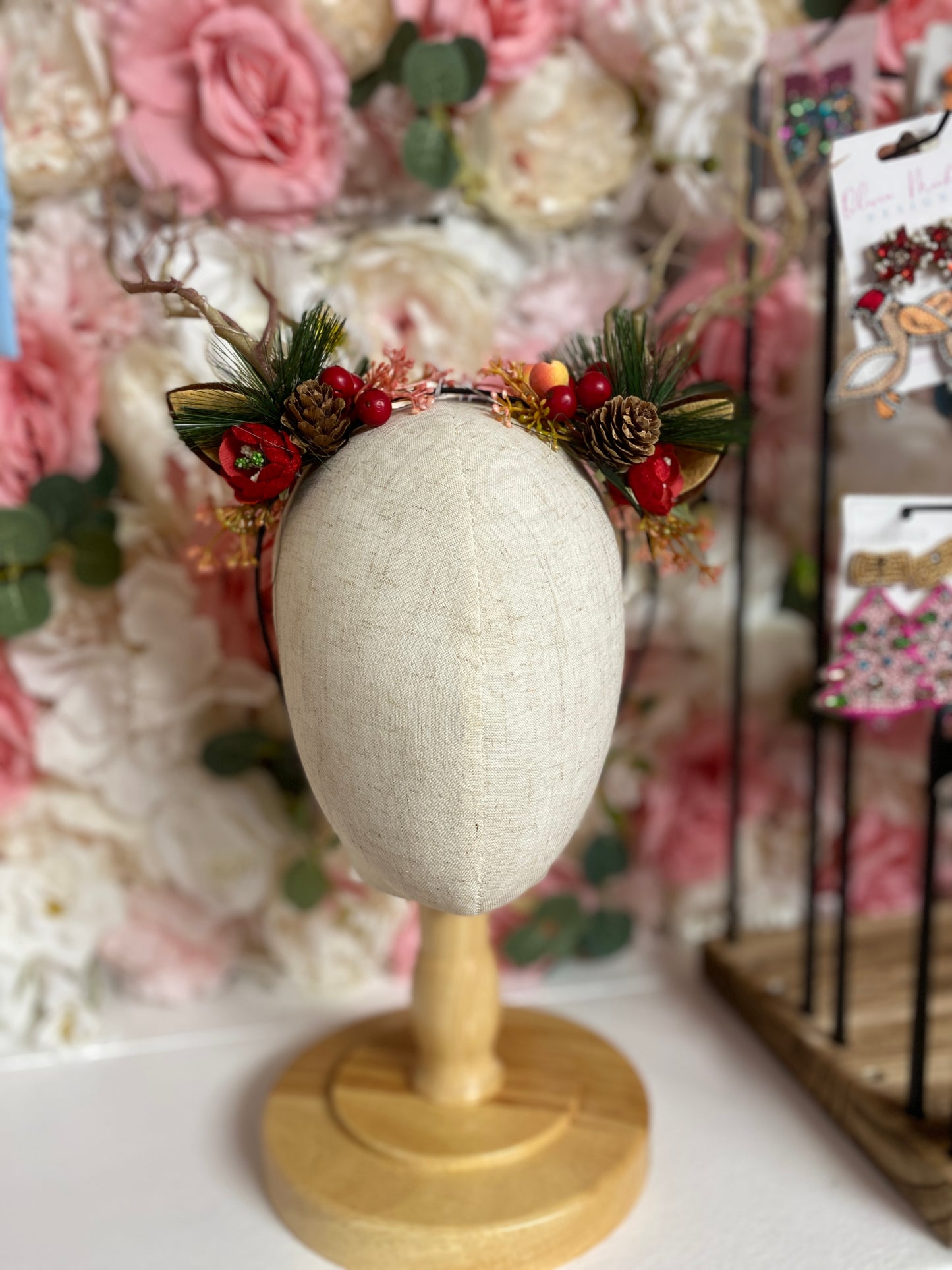 Rustic Light-Up Reindeer Antler Headband with Pinecones & Berries