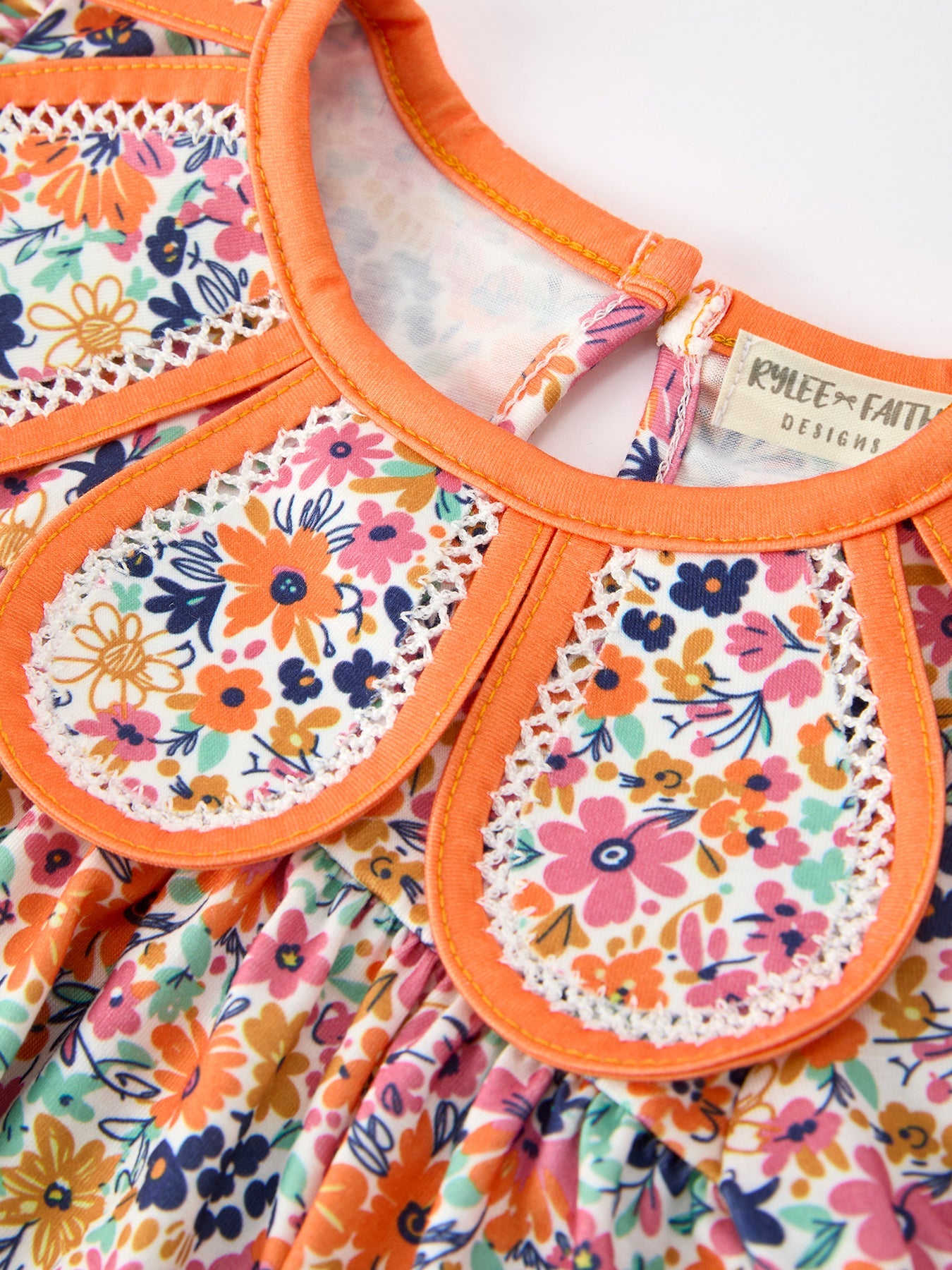 Orange Floral Bow Petals Collar Girls Romper