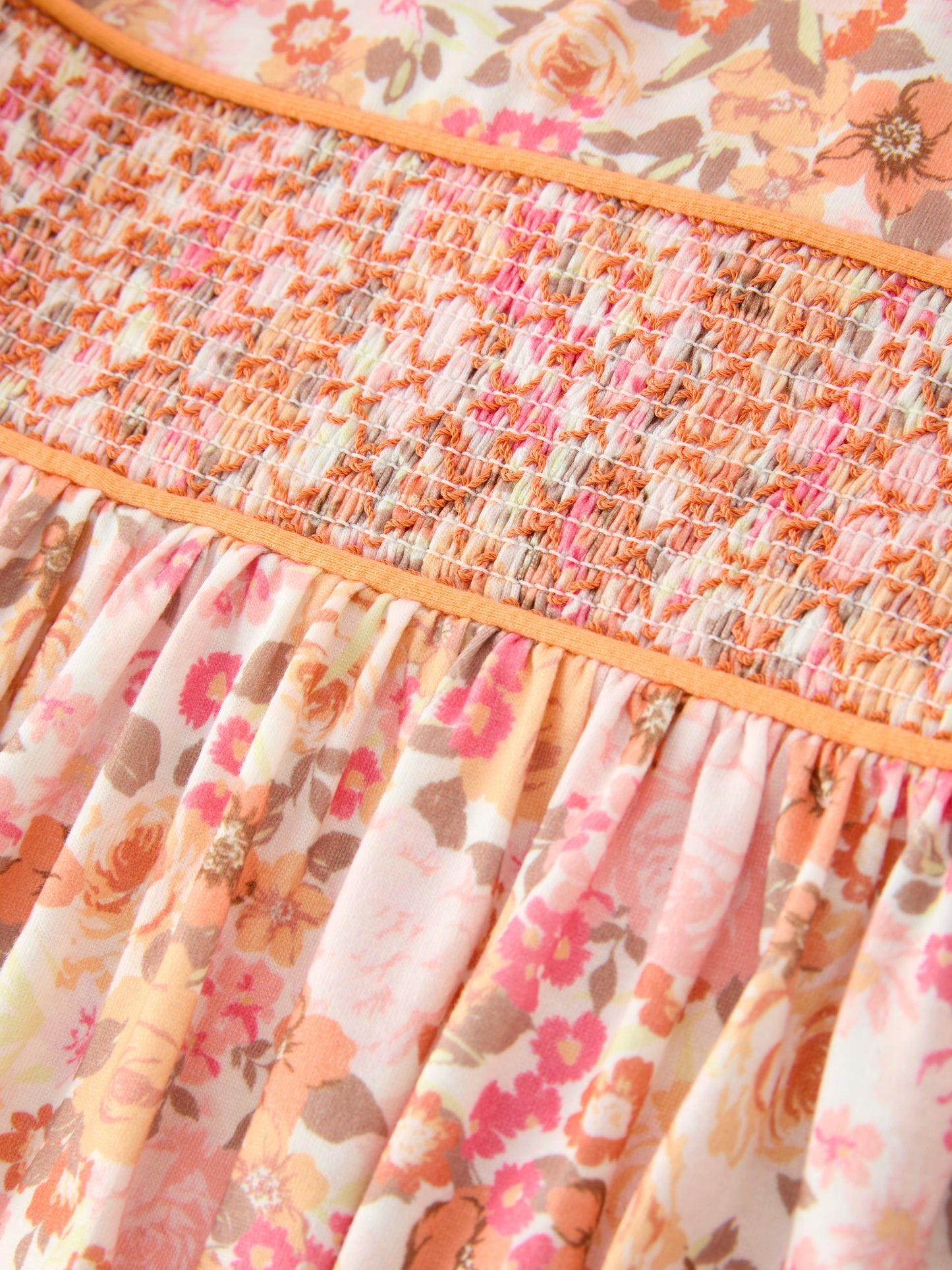 Peach Bow Smocked Floral Girl Dress