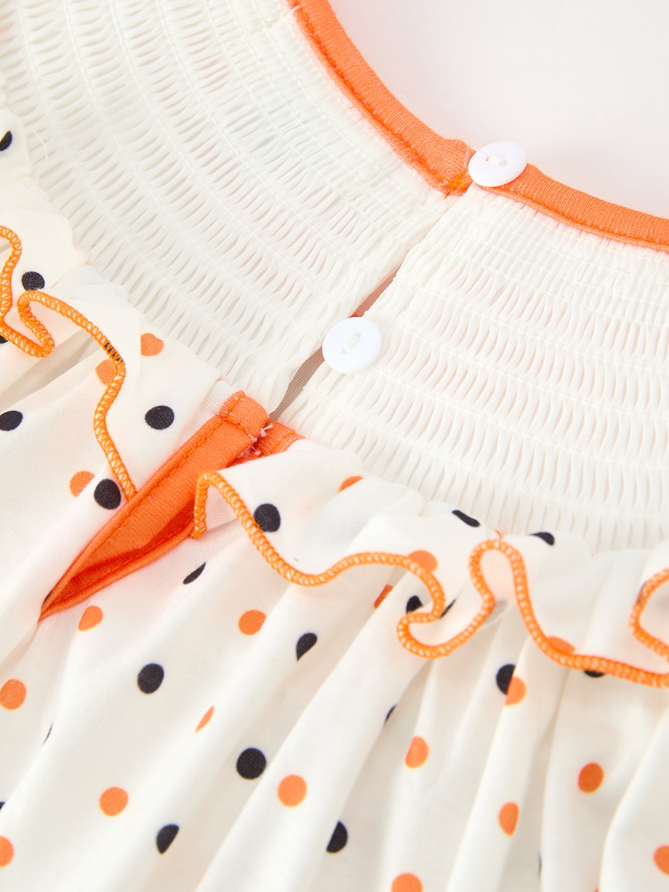 Halloween Pumpkin Smocked Girls Dress Polka Dot Ruffle Sleeve