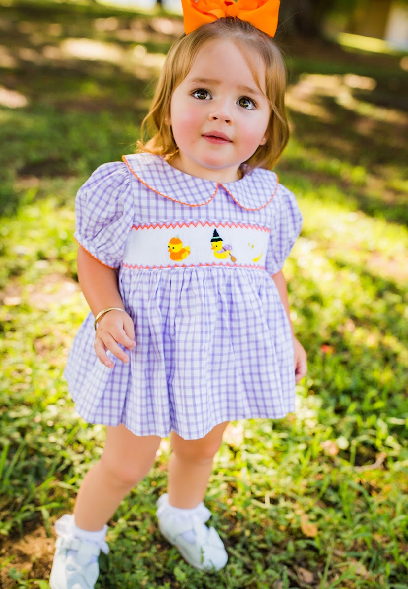 Duck, Duck, Ghost! Smocked Halloween Outfit – Custom Smocked Dress for Baby & Toddler Girls 9M