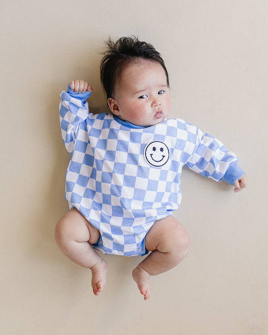 Bubble Romper | Checkered Smiley Blue