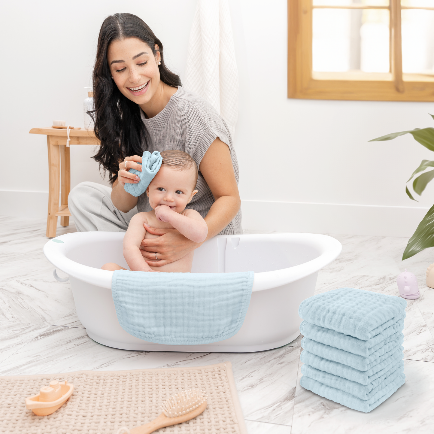 Muslin Washcloths in Sky Blue