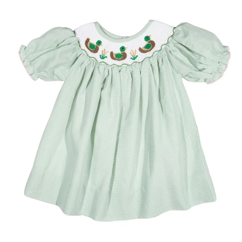 Girls Green Smocked Mallard Duck Dress | Southern Fall Dress