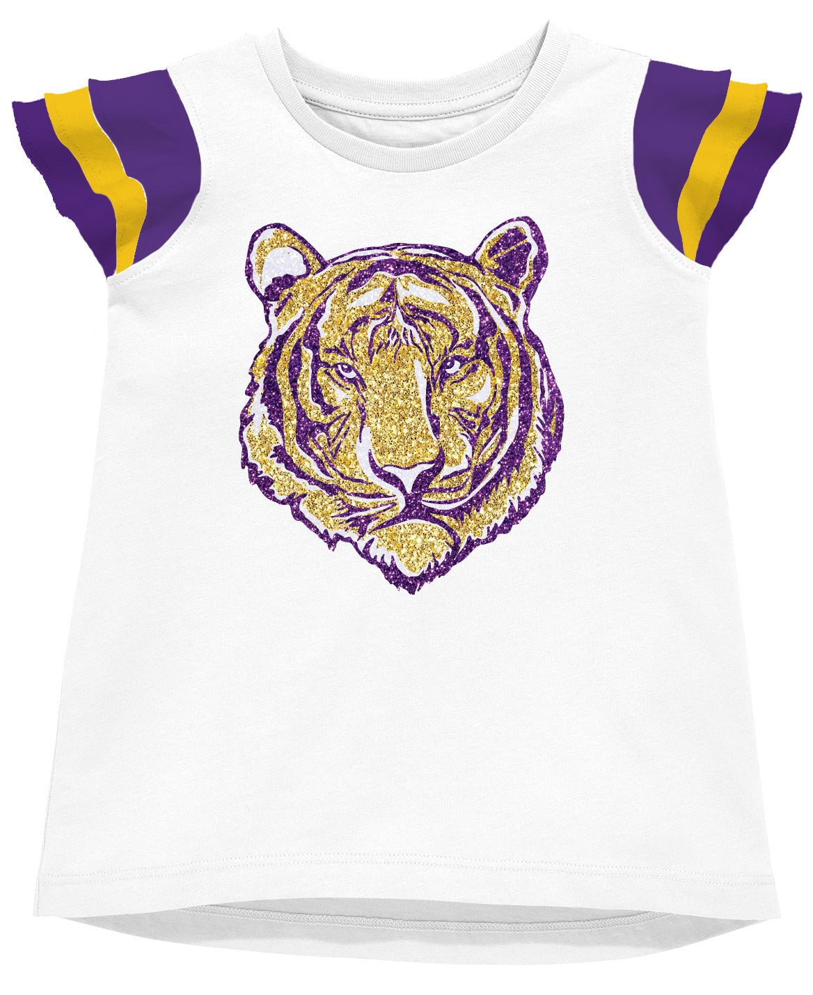 Shimmer Ruffle Sleeve Tiger Sequin Tee – Purple & Gold Game Day Top