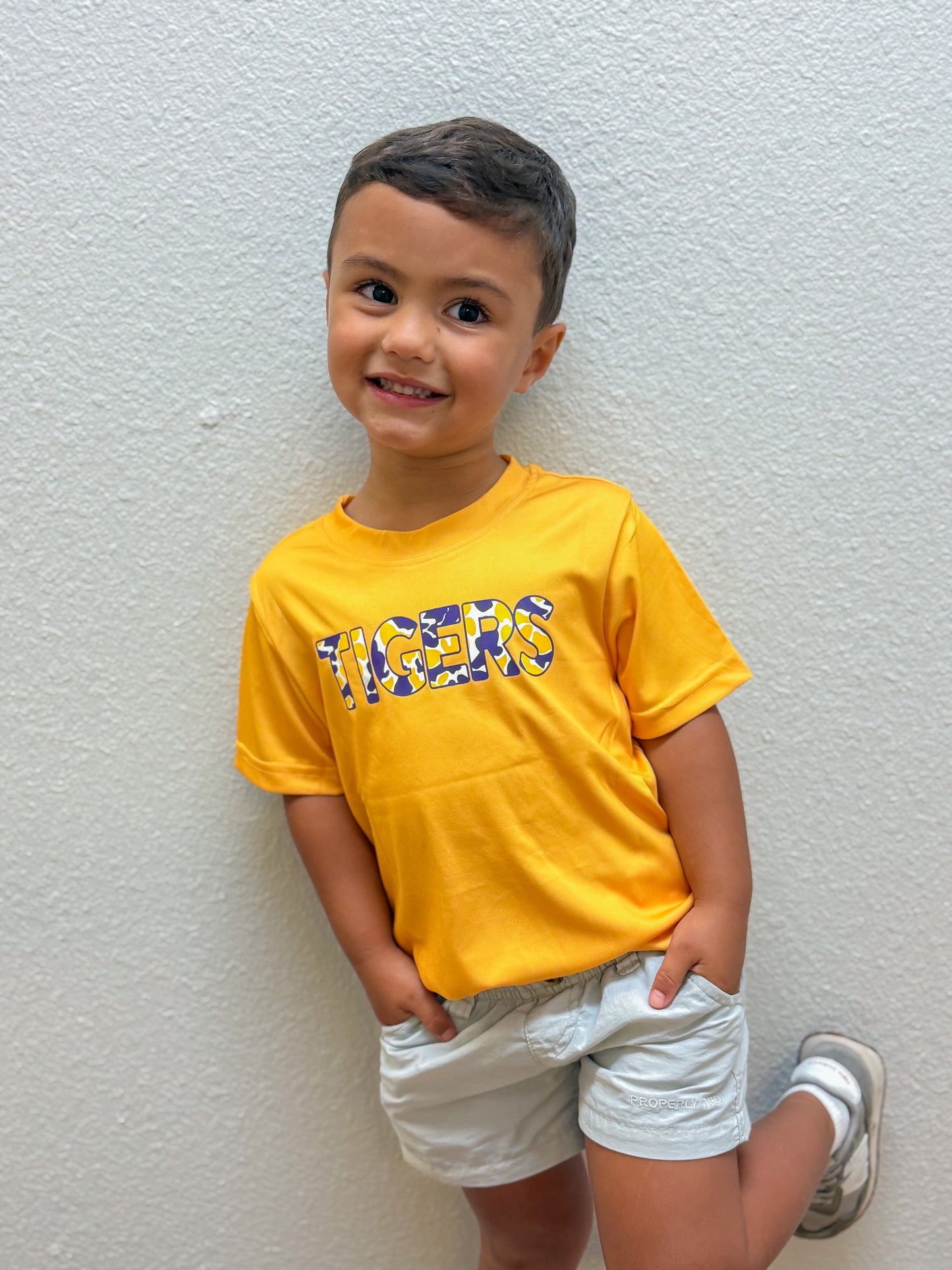 Tigers Camo on Gold Drifit Game Day Tee – Boys’ Athletic T-Shirt