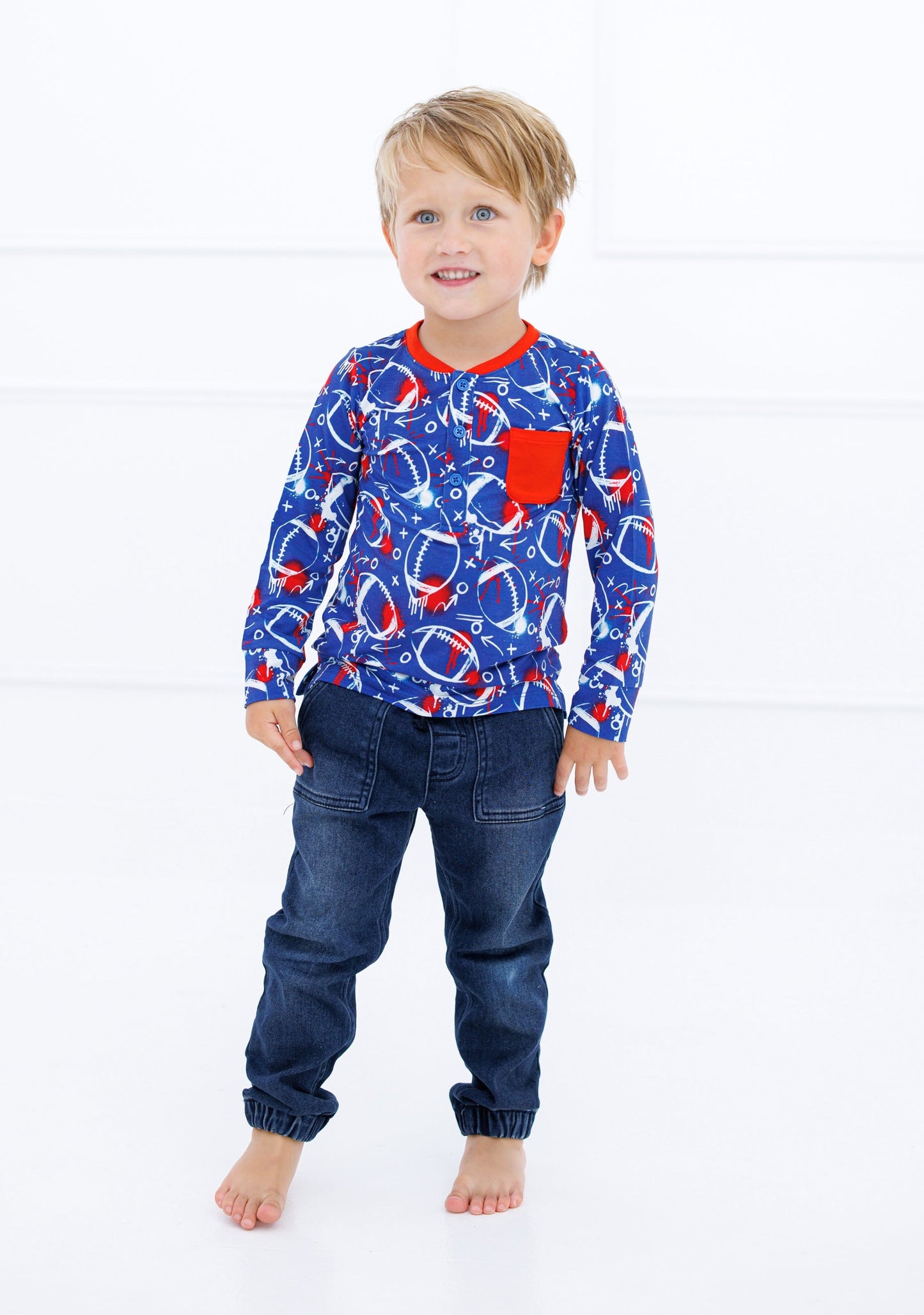 Graffiti Football Henley T-Shirt : BLUE AND RED