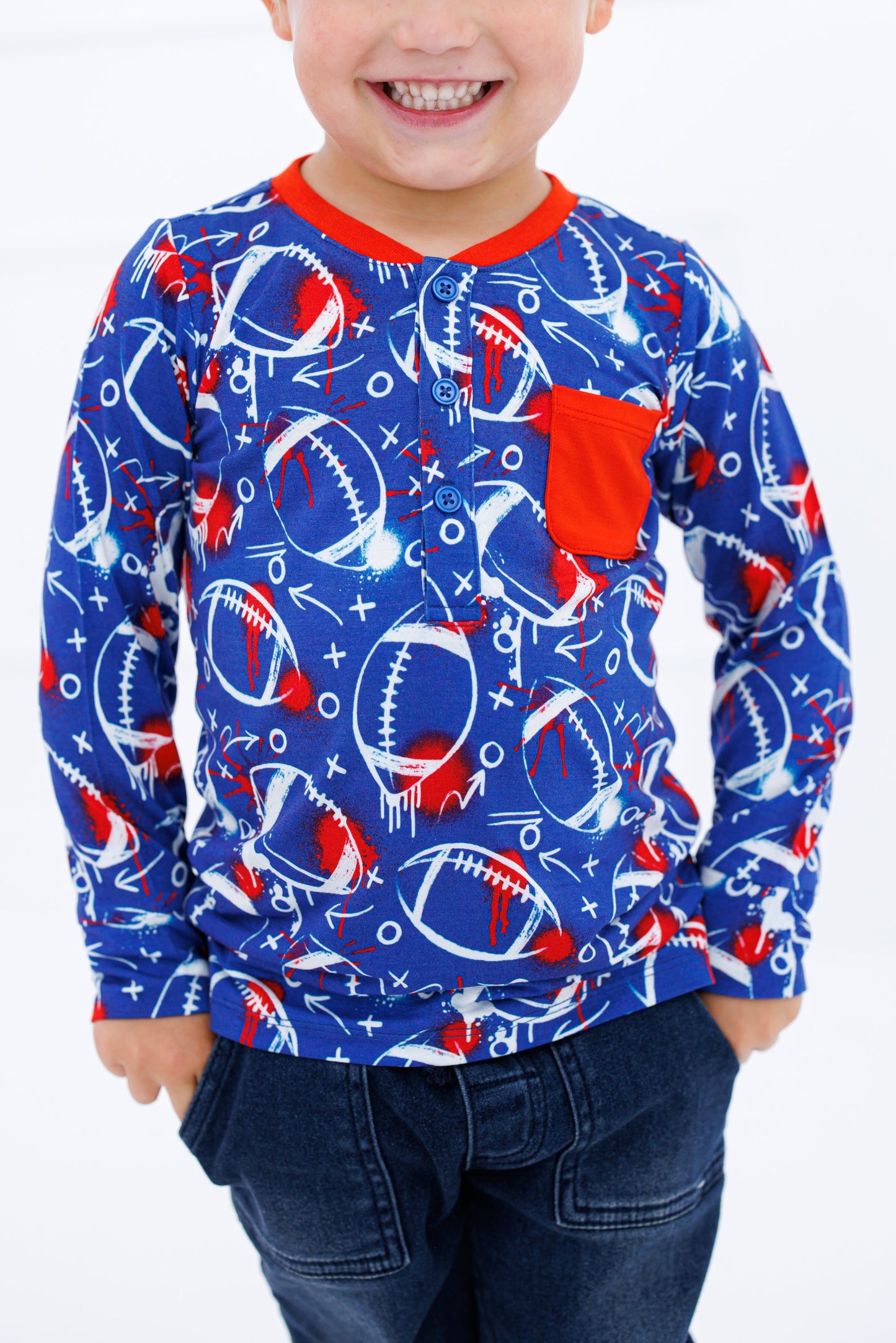 Graffiti Football Henley T-Shirt : BLUE AND RED