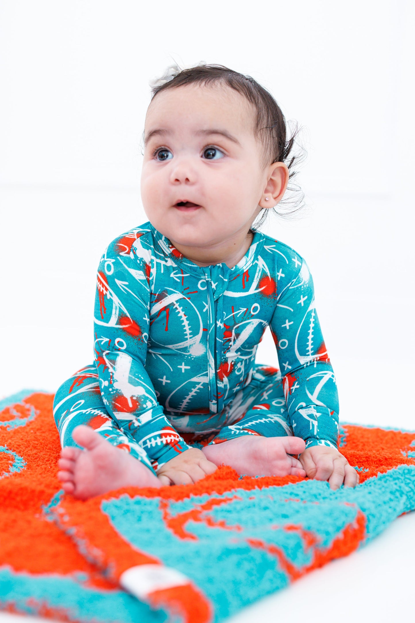 Graffiti Football Convertible Romper : AQUA AND ORANGE