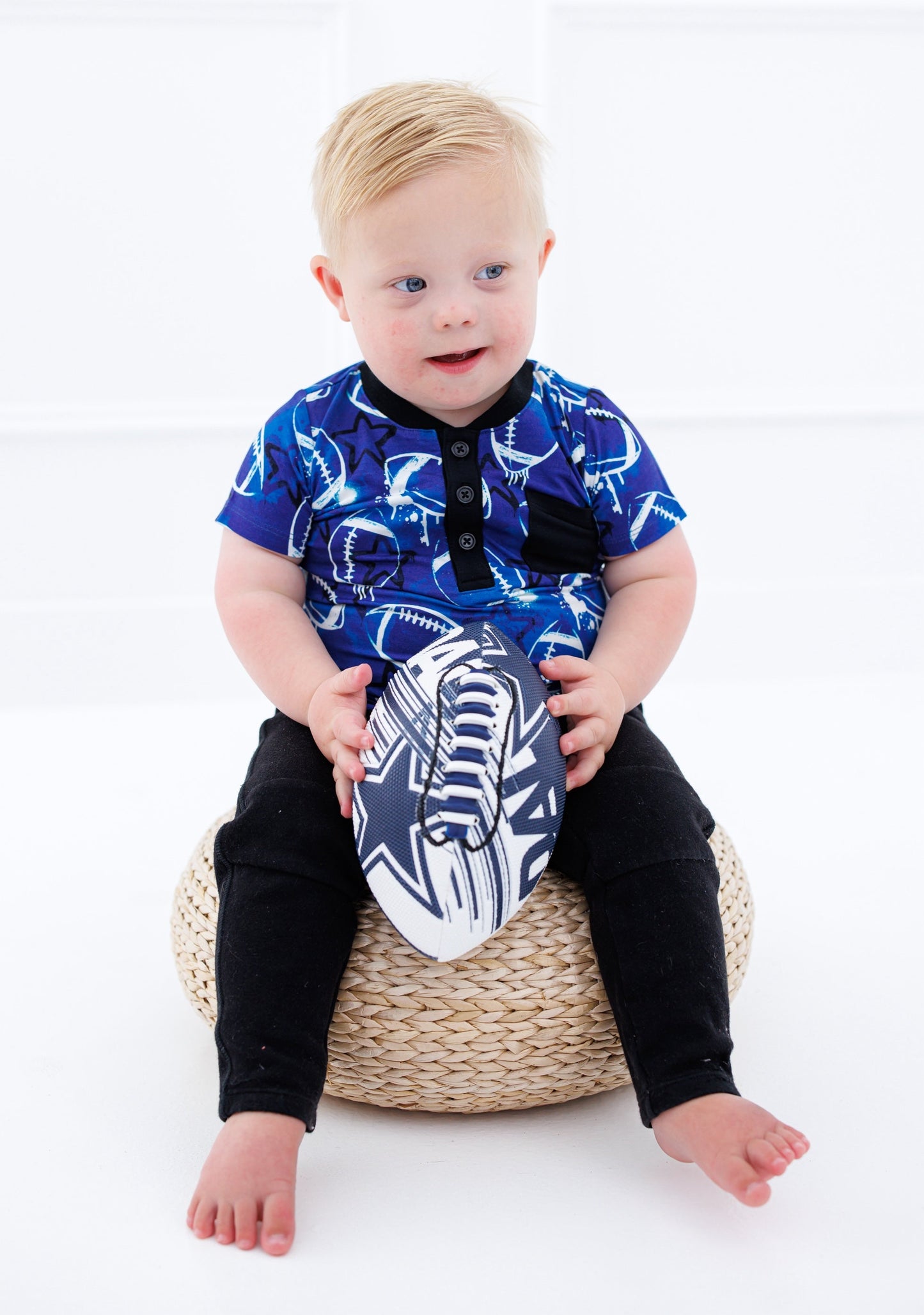 Graffiti Football Henley T-Shirt : BLUE AND WHITE WITH STARS