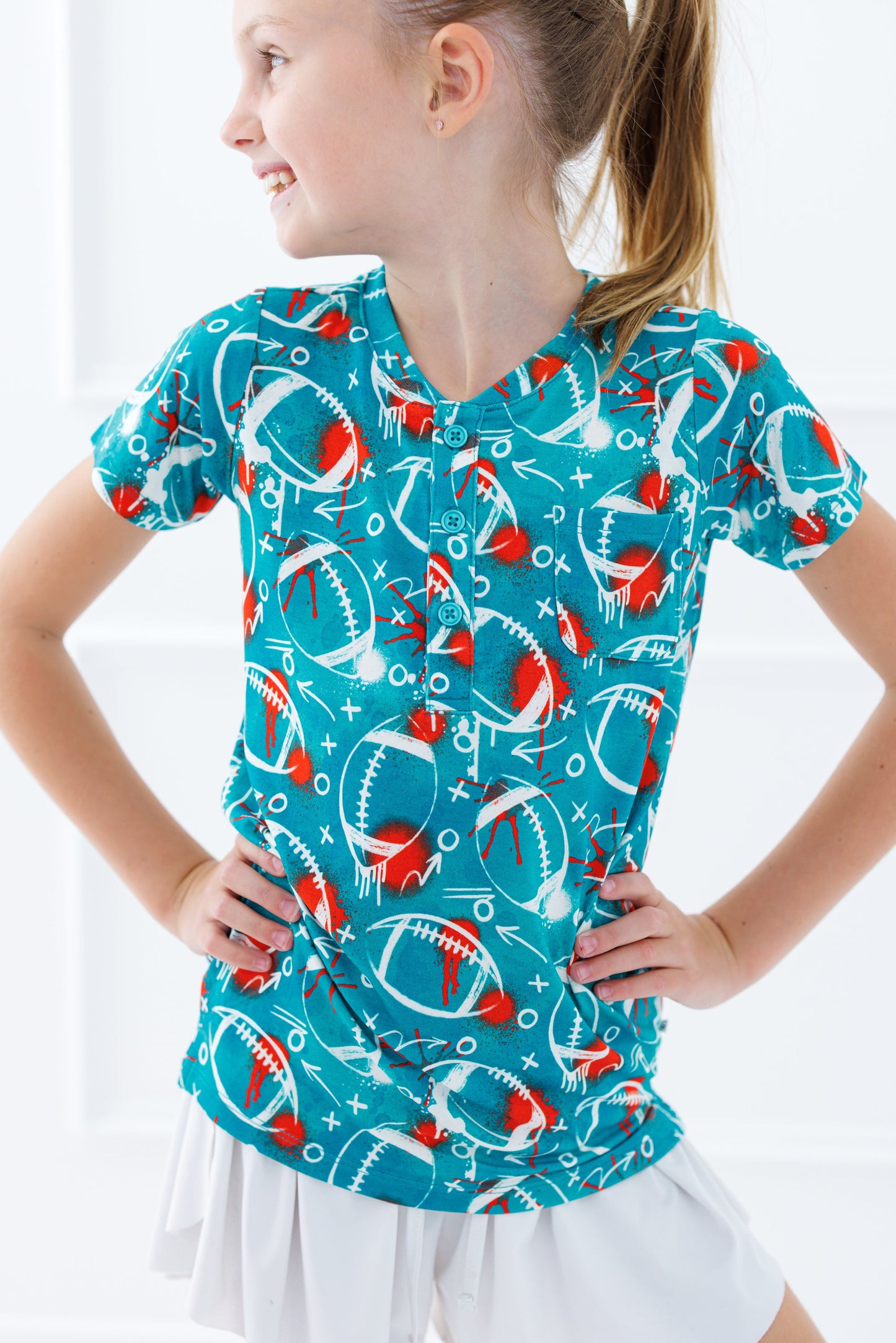 Graffiti Football Henley T-Shirt : AQUA AND ORANGE