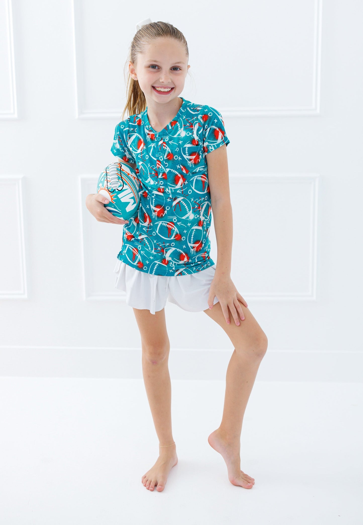 Graffiti Football Henley T-Shirt : AQUA AND ORANGE