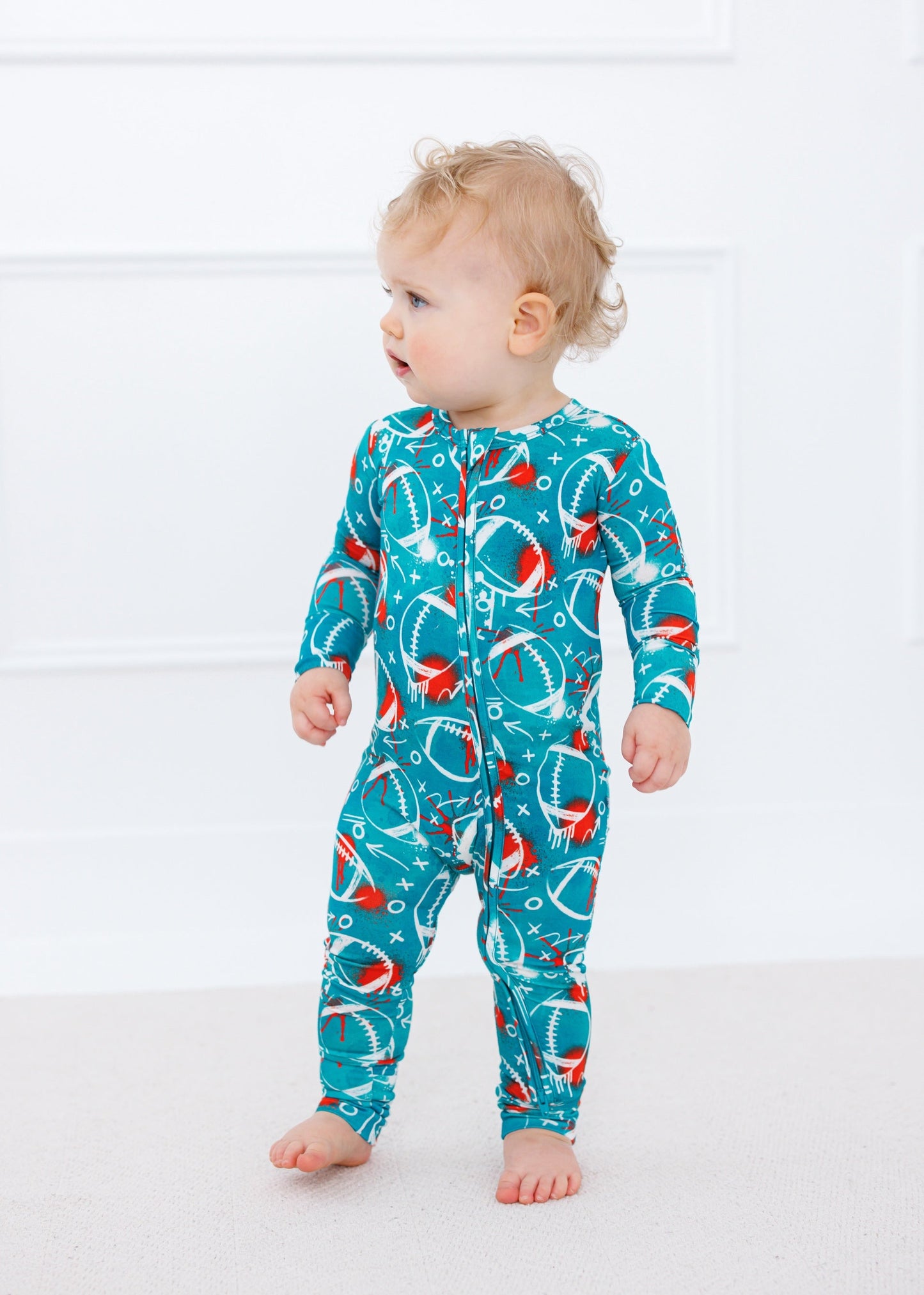 Graffiti Football Convertible Romper : AQUA AND ORANGE