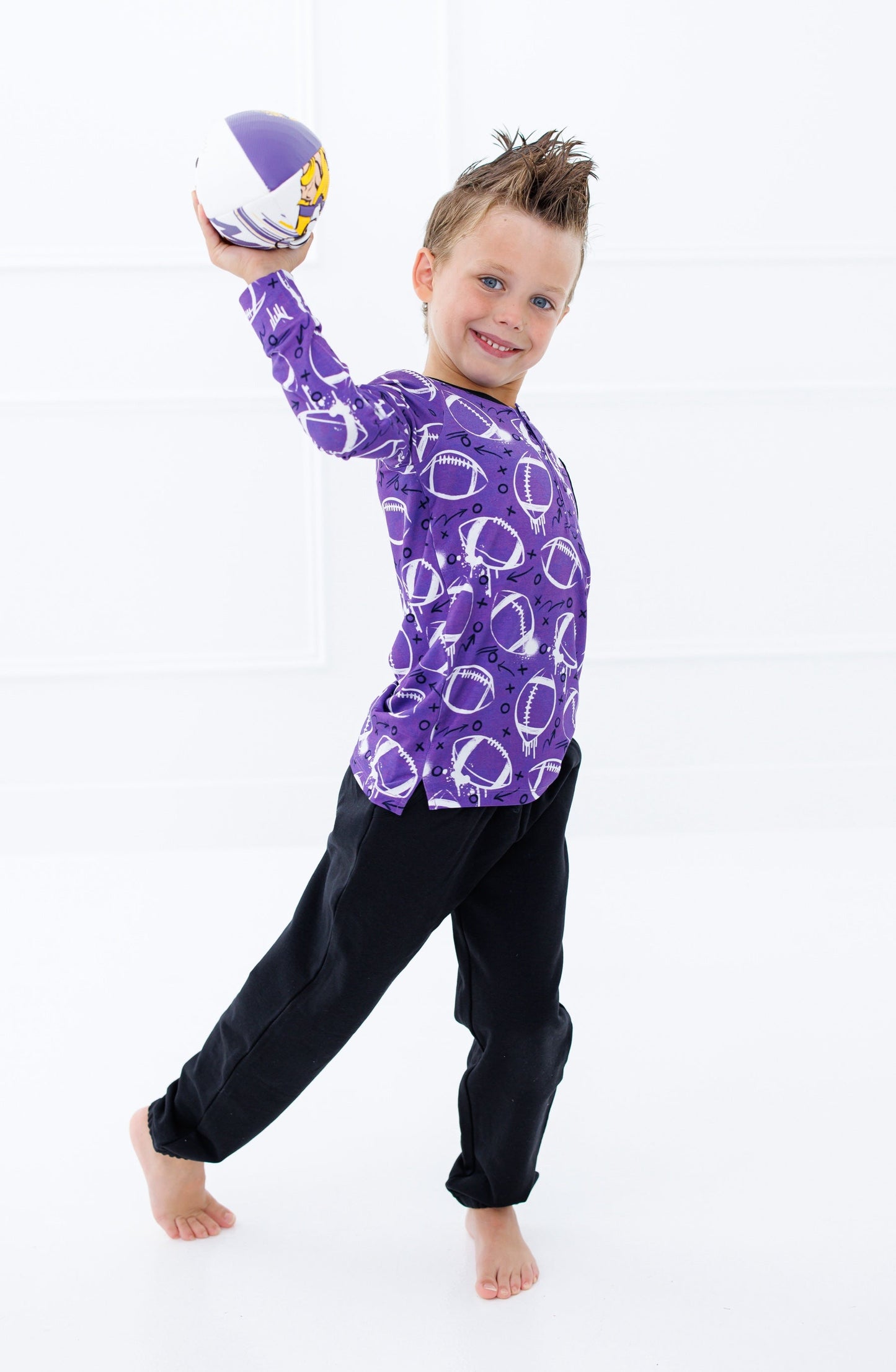 Graffiti Football Henley T-Shirt : PURPLE AND WHITE