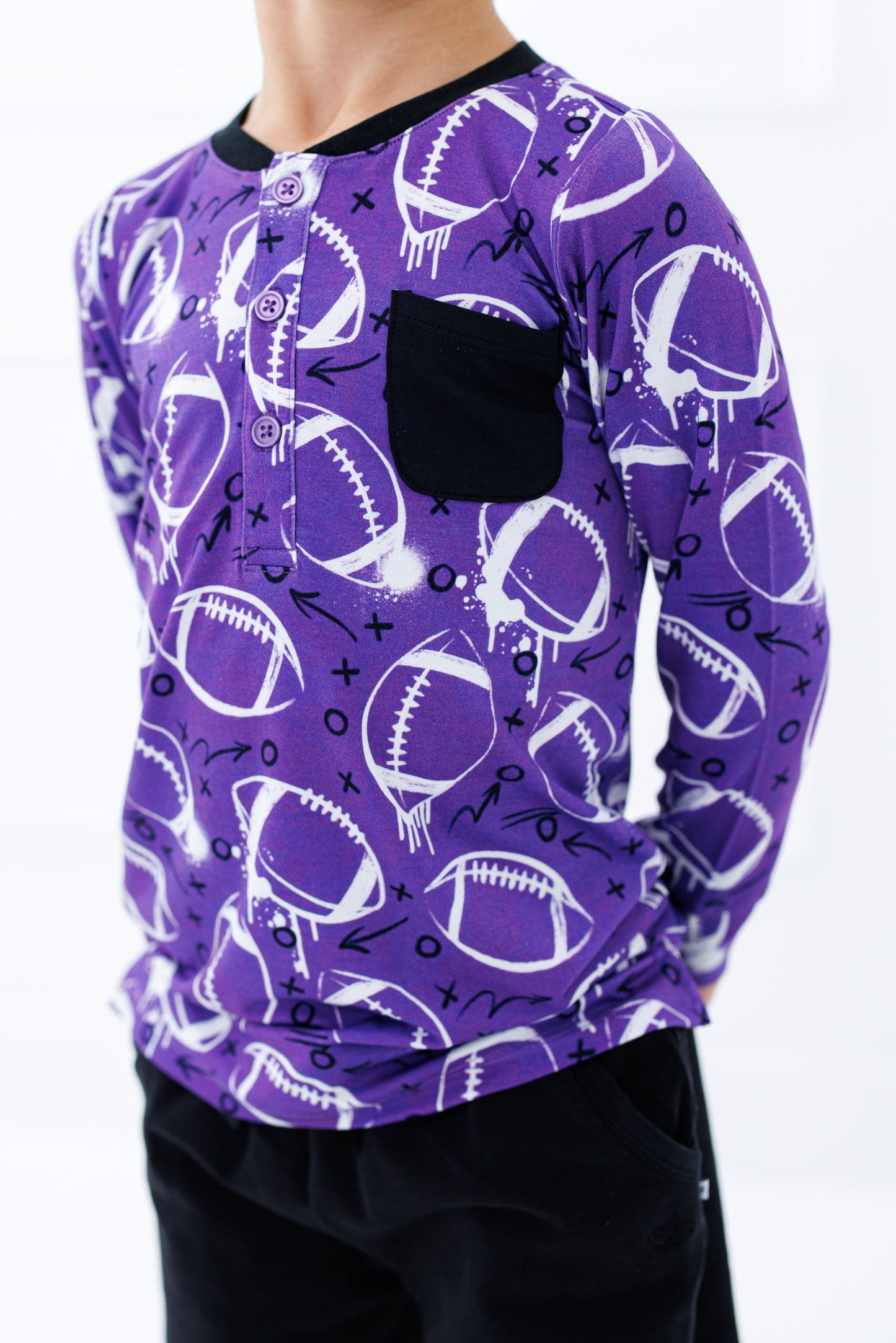 Graffiti Football Henley T-Shirt : PURPLE AND WHITE