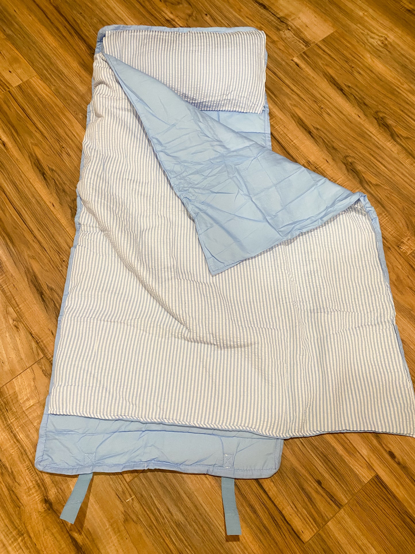 Jane Marie Blue Seersucker Kids Roll-Up Nap Mat with Blanket & Pillow | Toddler Daycare & Preschool Sleeping Mat | Kindergarten Nap Mat | Bossier City, LA