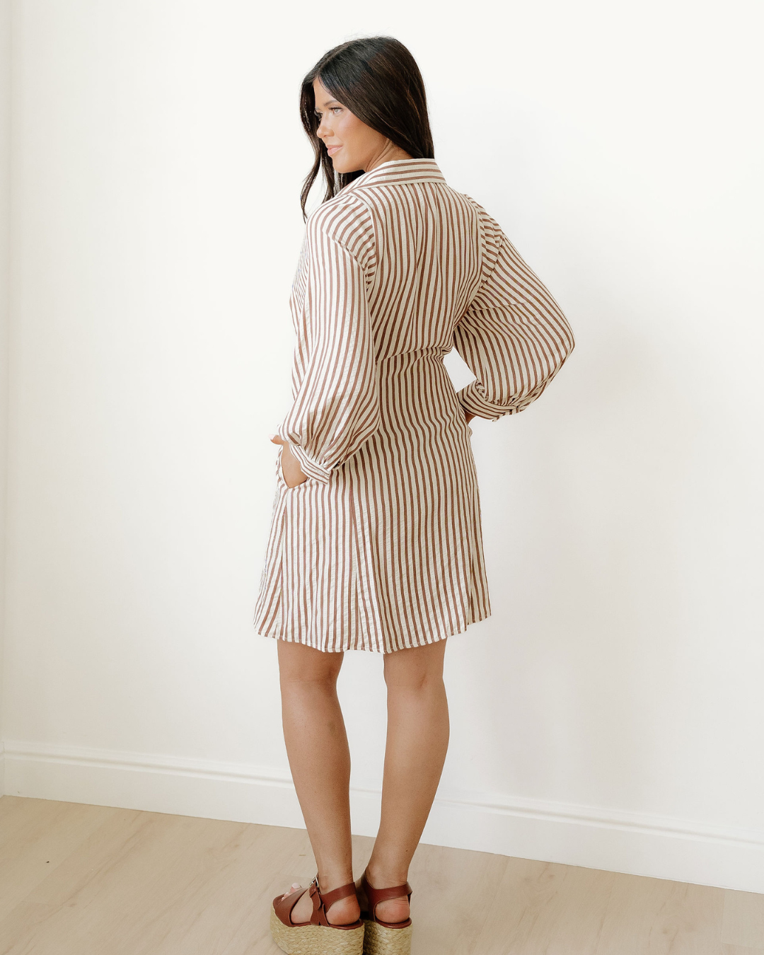 Serena Stripe Knot Waist Puff Sleeve Button Down Mini Shirt Dress