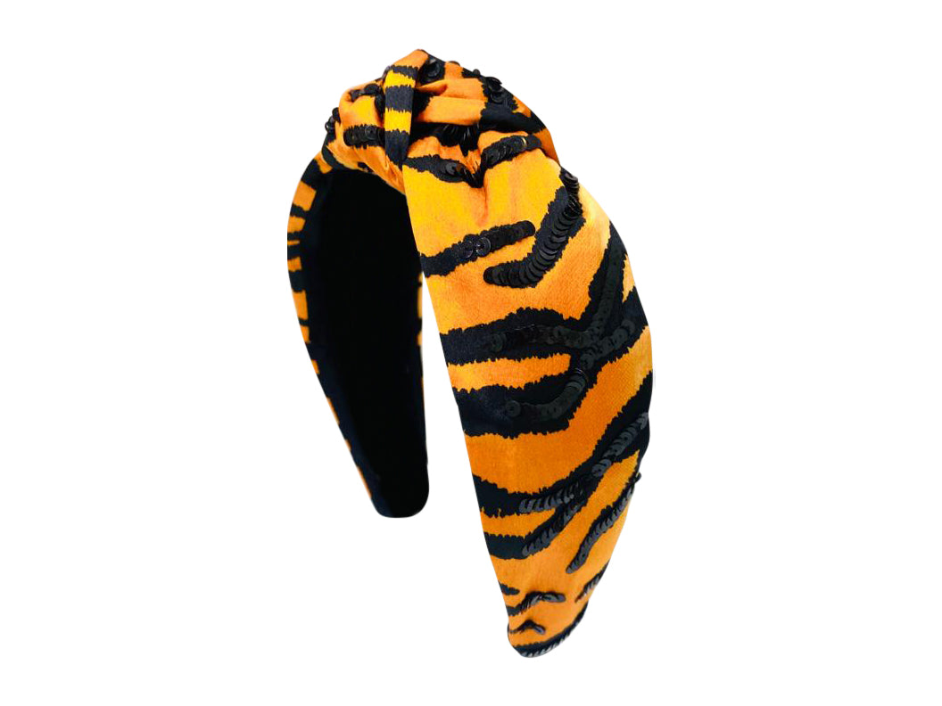 Headband Knot - Tiger Print with Black Sequin