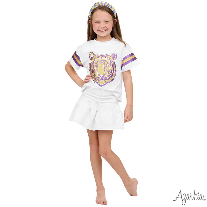 Glitter Tiger in Purple and Gold Boxy T’