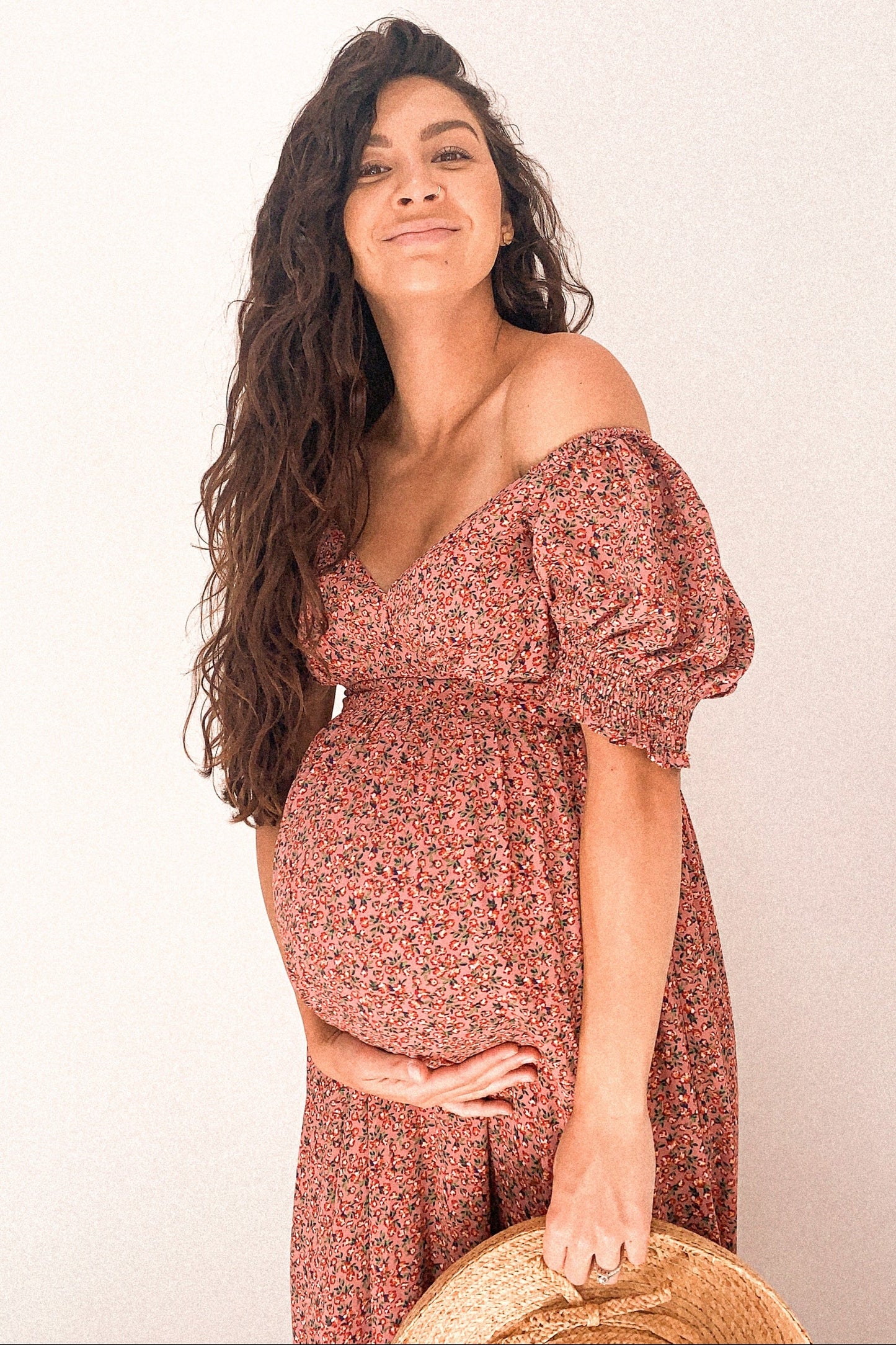 Pink Floral Puff Sleeve Maternity Maxi Dress