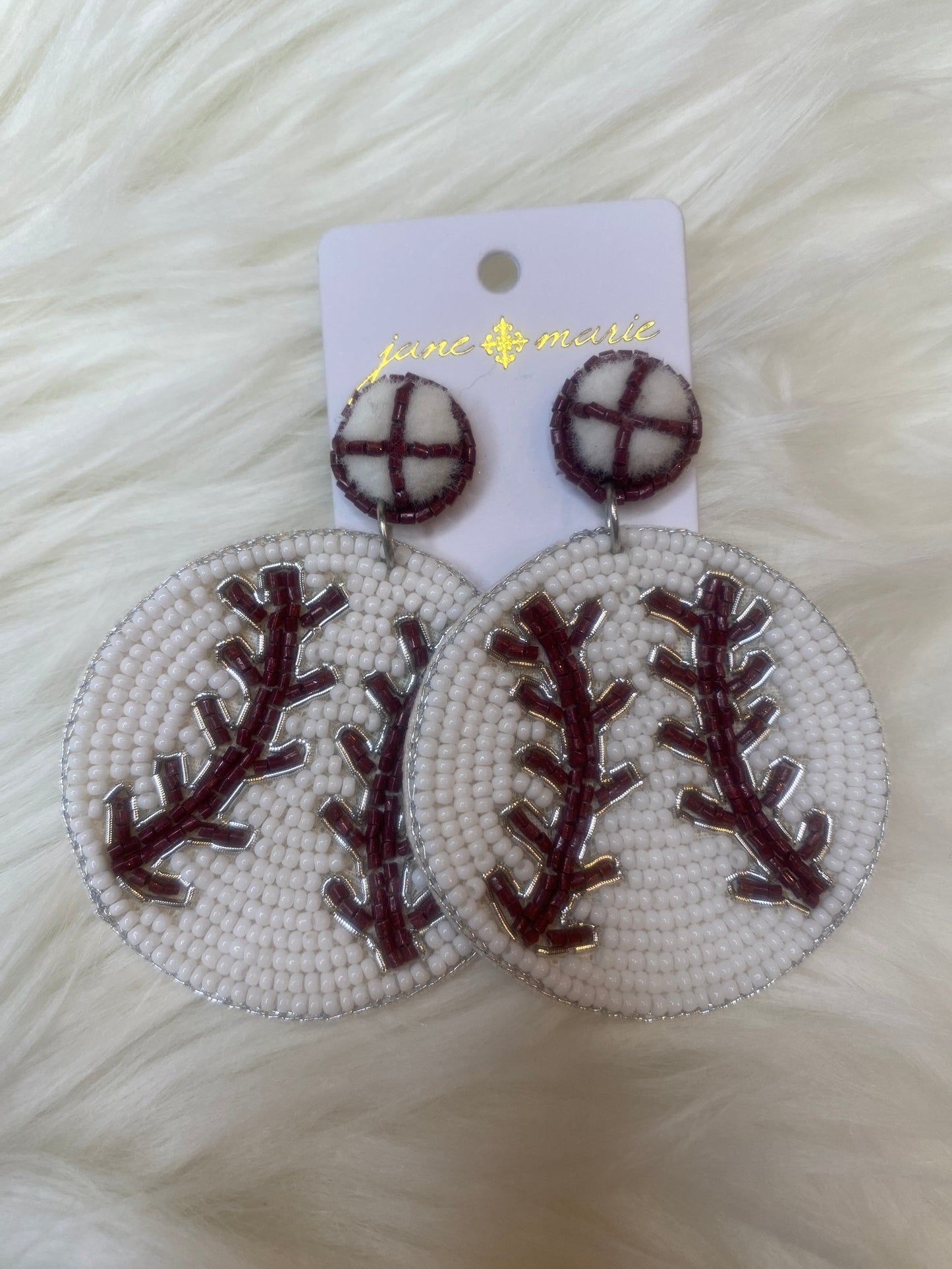 Maroon Beaded Baseball Earrings