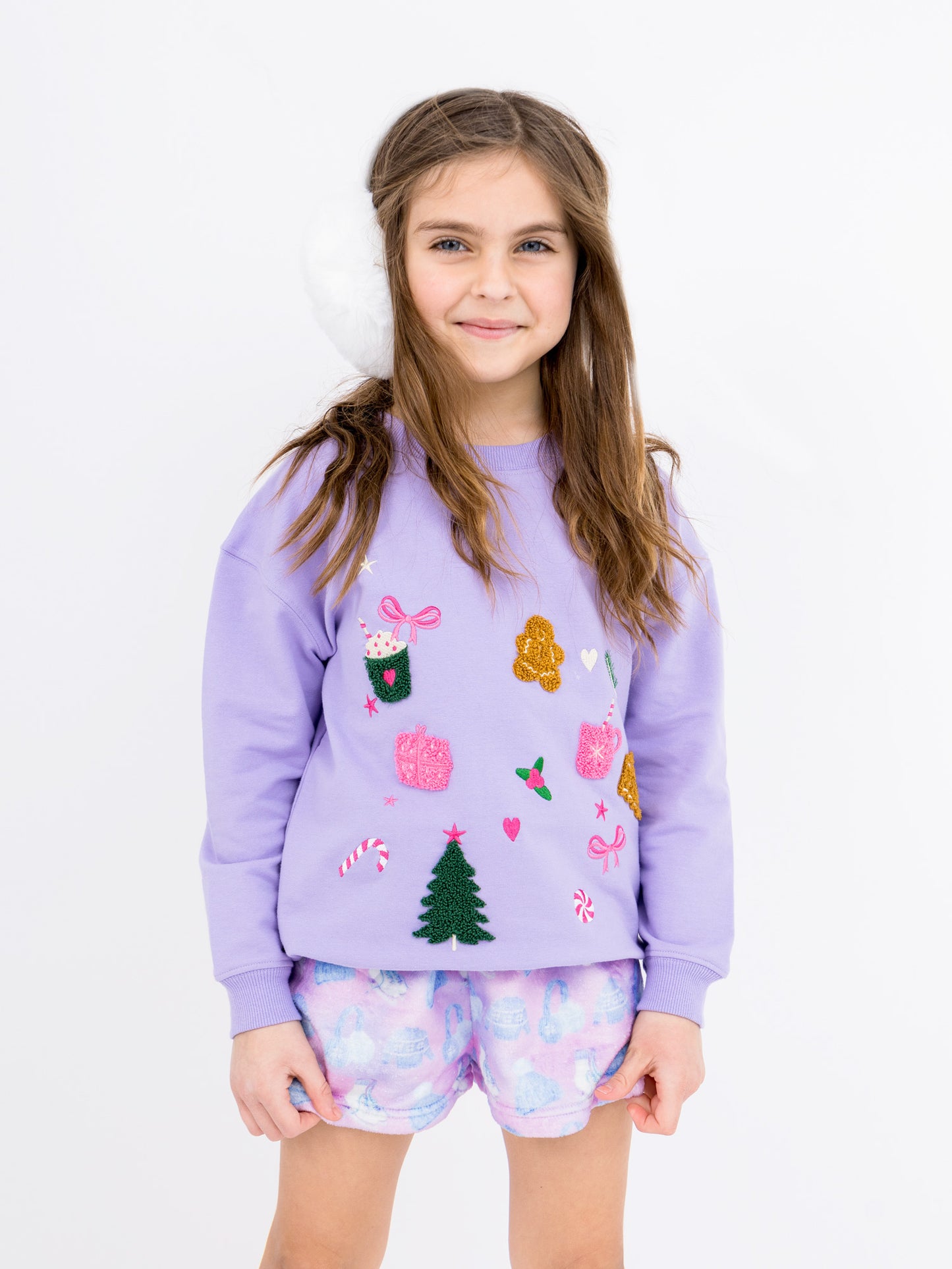 Lavender Christmas Motif Sweatshirt – Girls Holiday Pullover