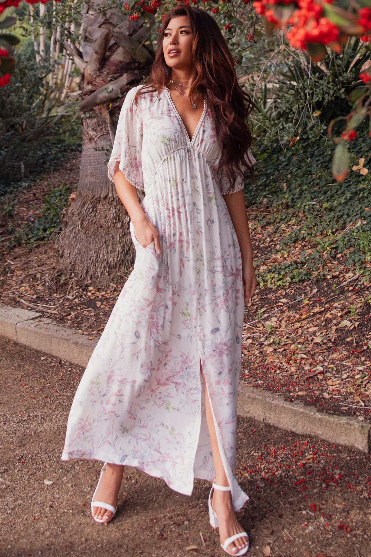 Ivory Floral Button Front Maxi Dress