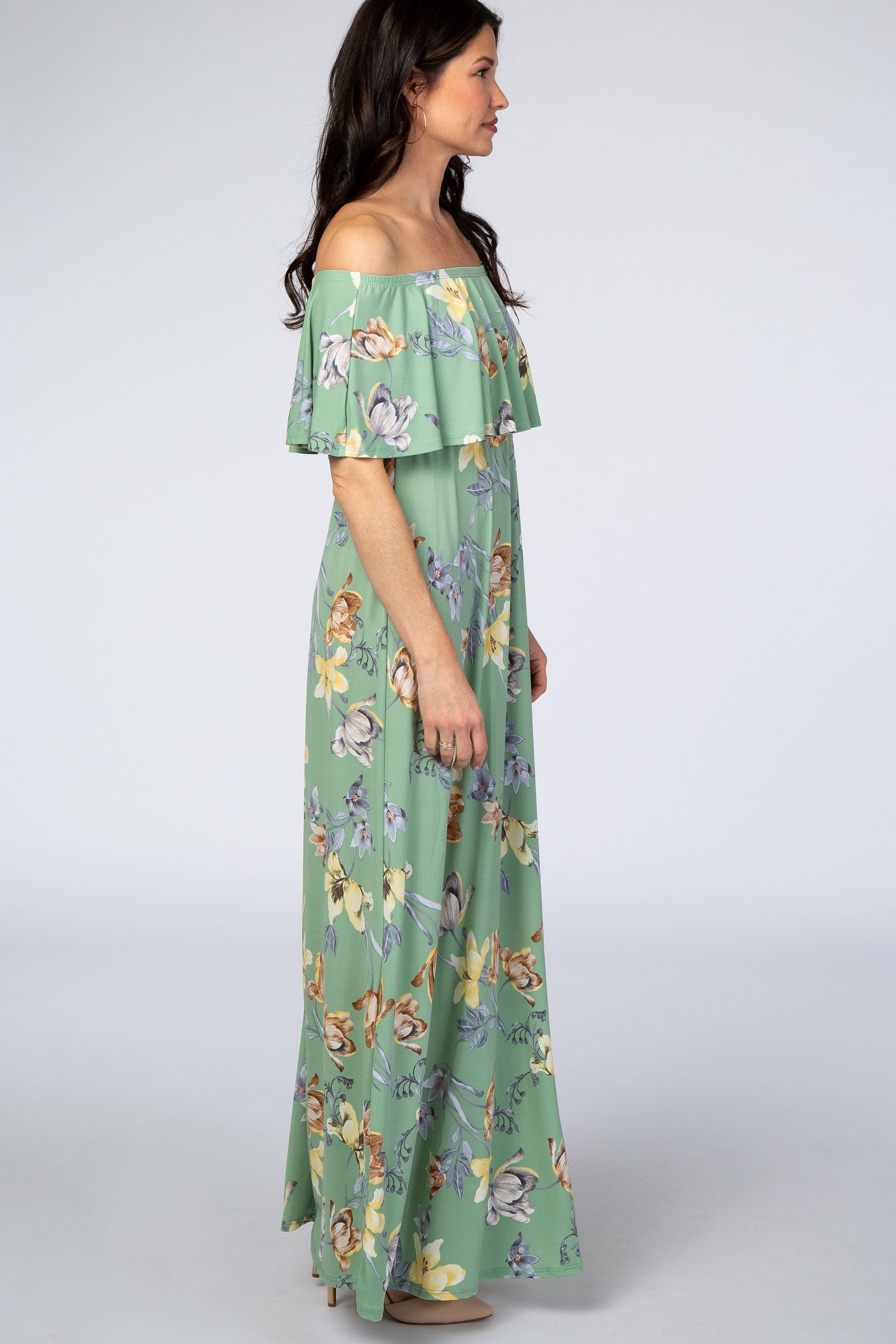 Sage Floral Off Shoulder Maxi Dress