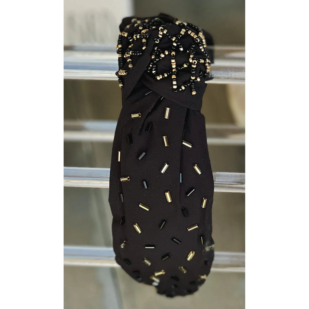 Black & Gold Confetti Beaded Top Knot Headband