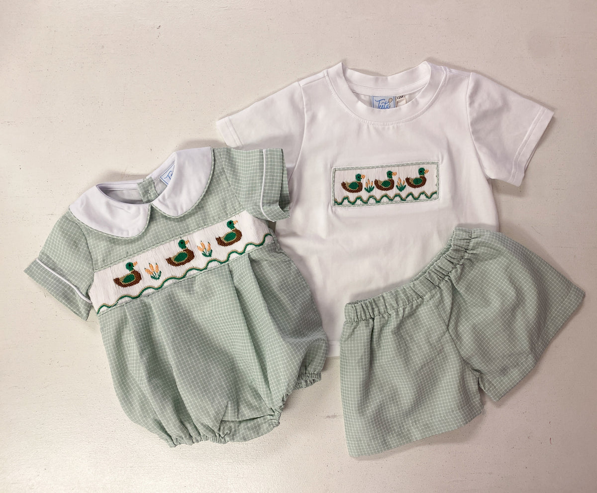 Boys Green Smocked Mallard Duck Bubble | Baby Boy Outfit