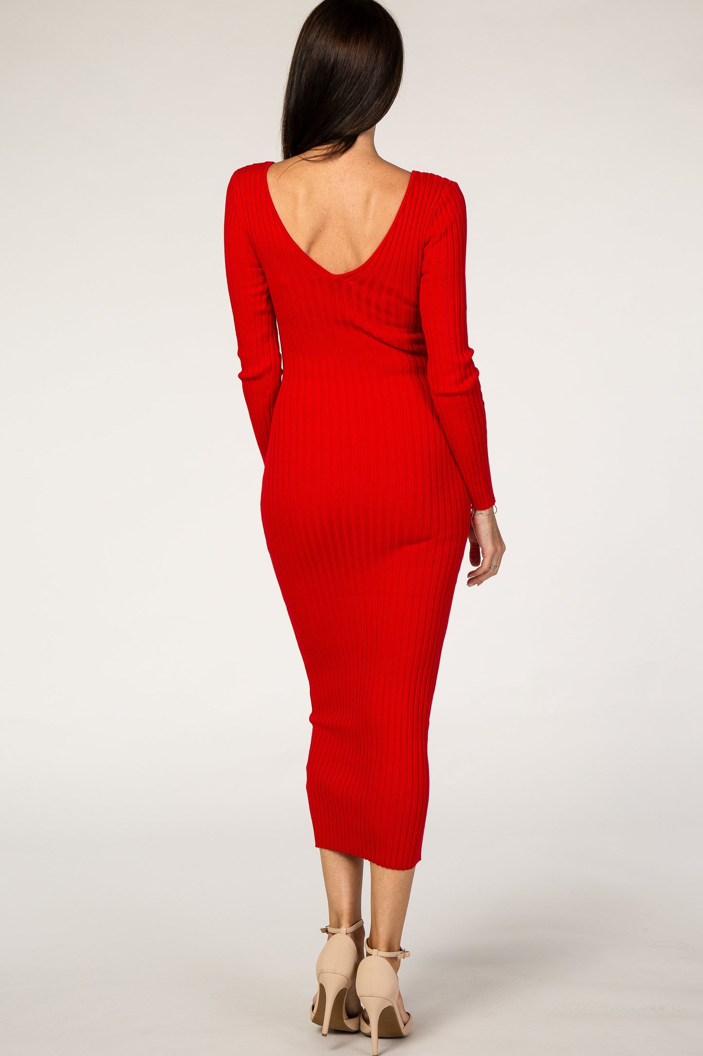 Red V-Neck Long Sleeve Fitted Maxi Dress