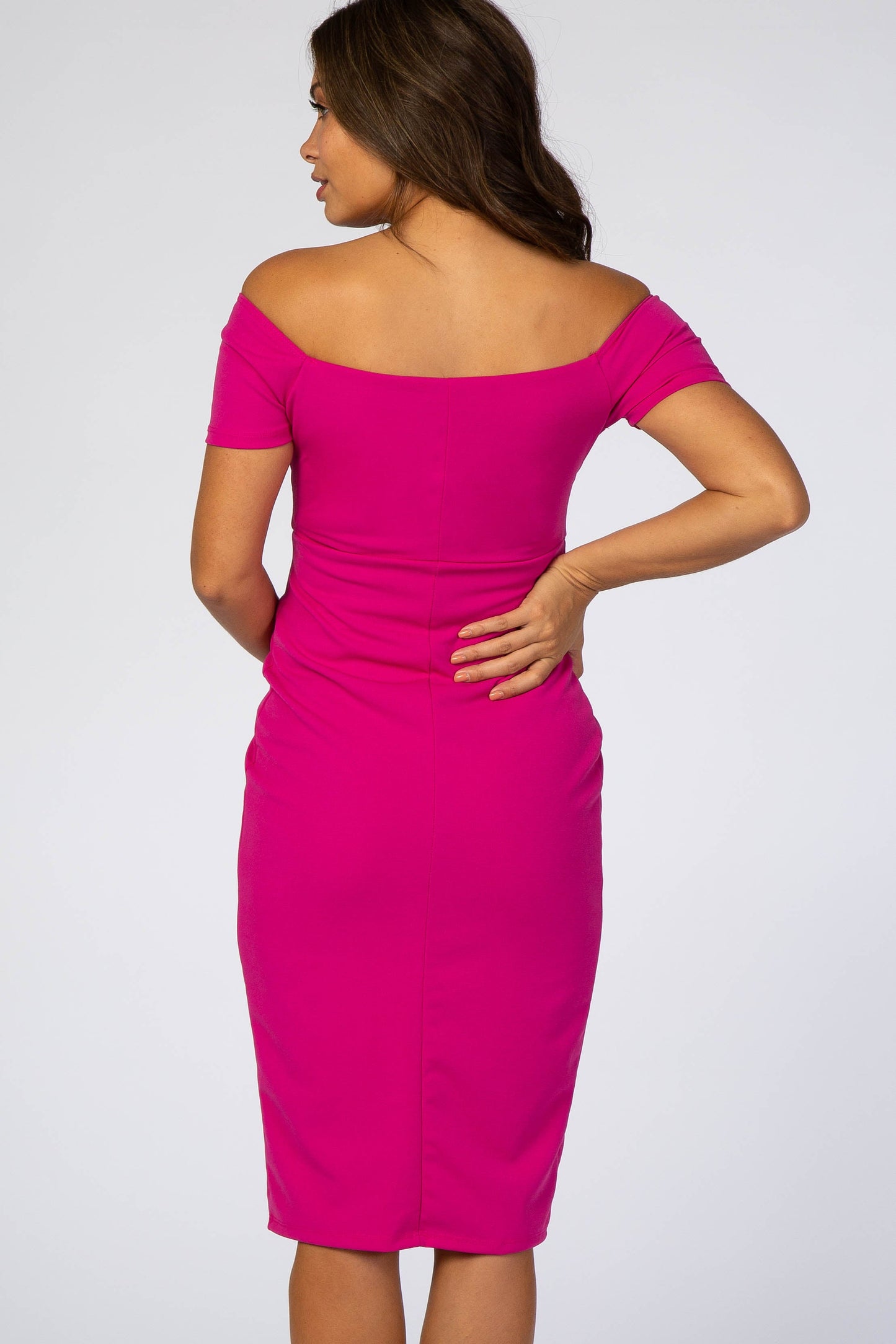 Magenta Solid Off Shoulder Maternity Fitted Dress